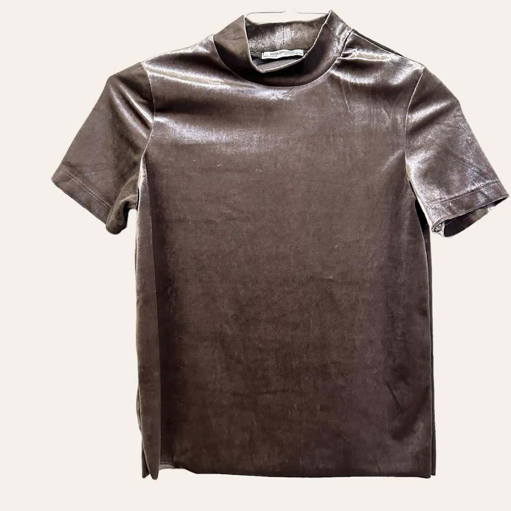 Zara Trafaluc Velvet S/S Mock Neck Top Grey Small